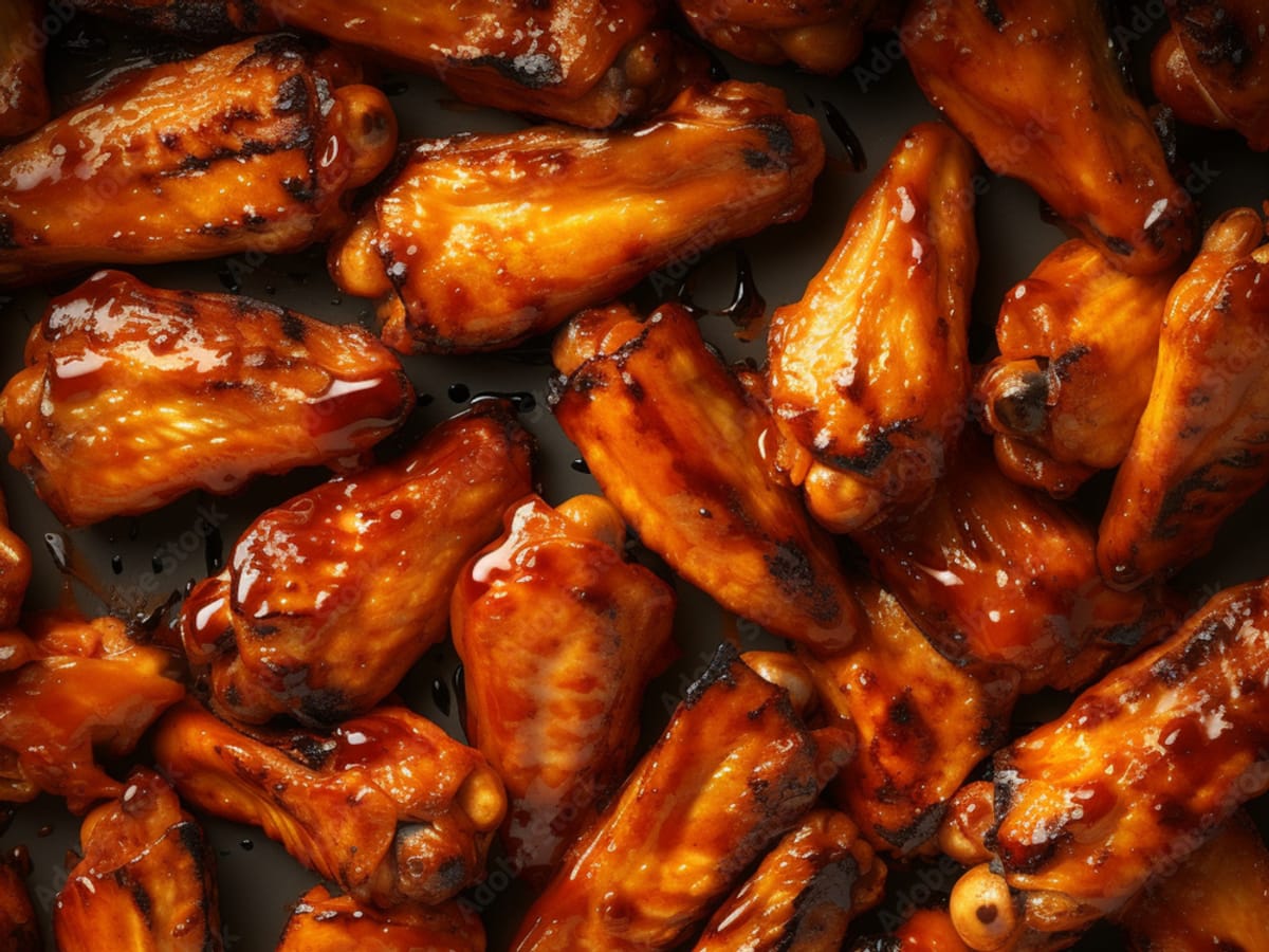 Alitas de pollo a la parrilla doradas en una fuente