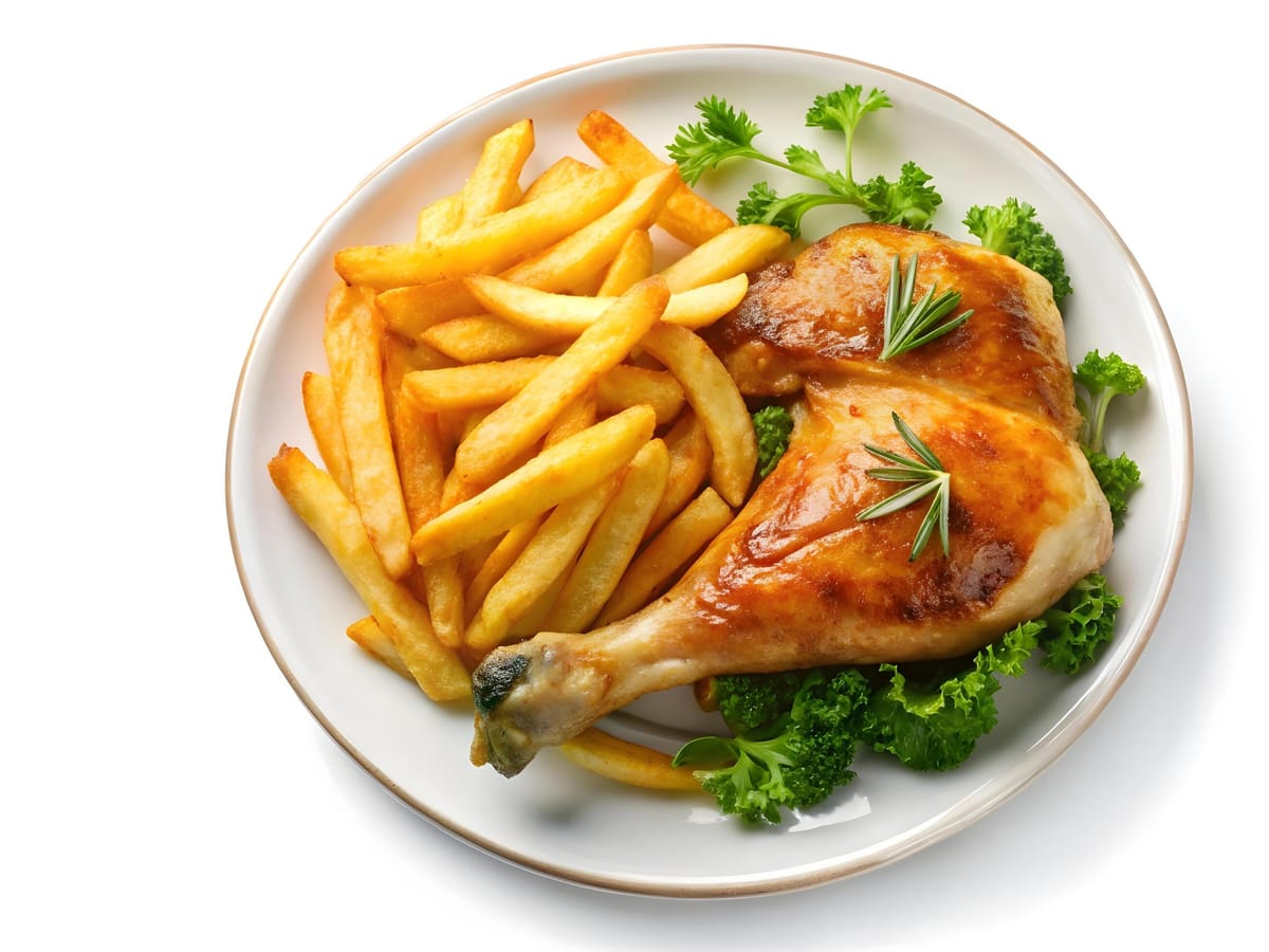 Cuarto de pollo a la brasa con papas fritas en plato blanco