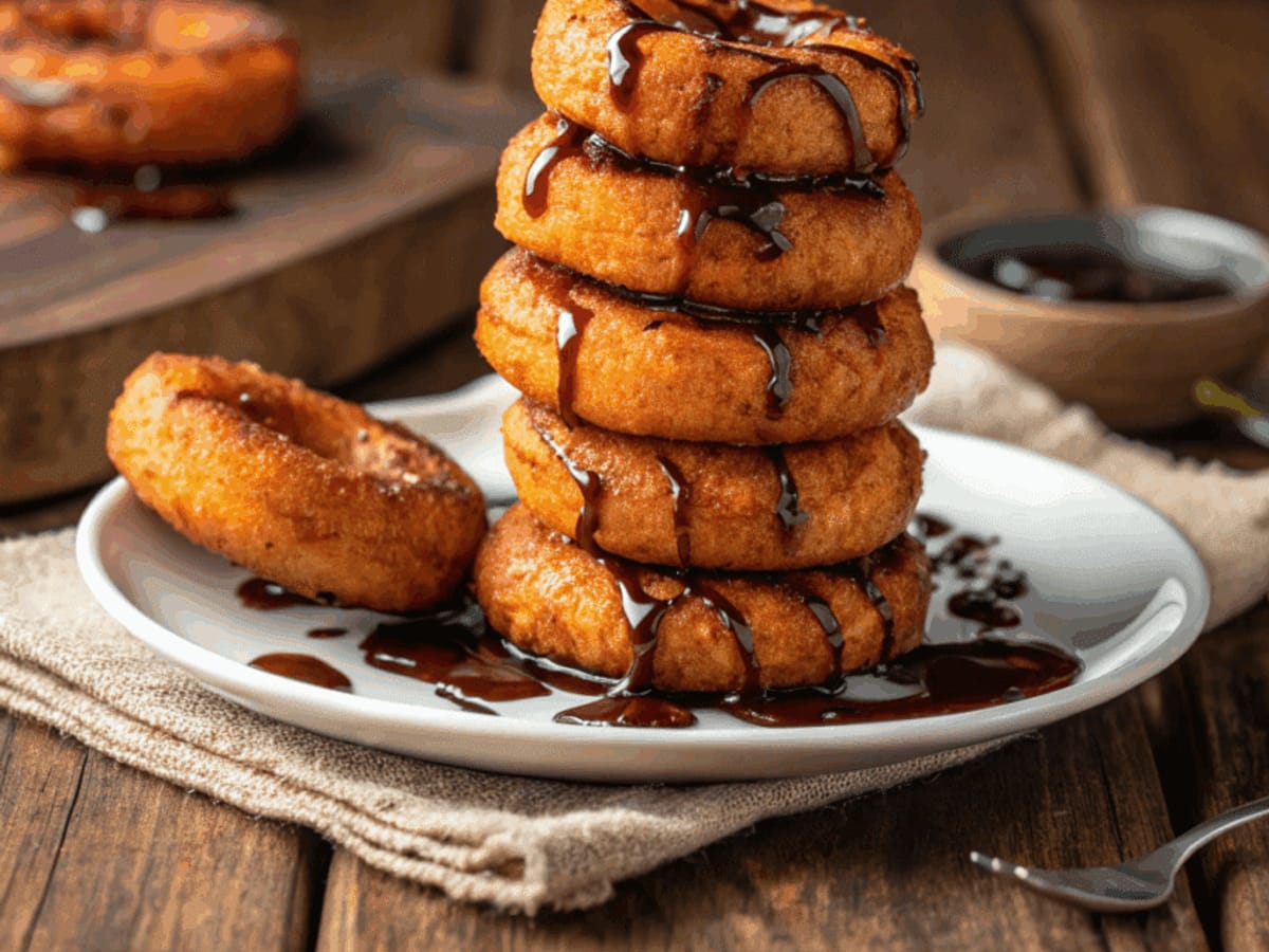 Picarones bañados en miel de chancaca en un plato