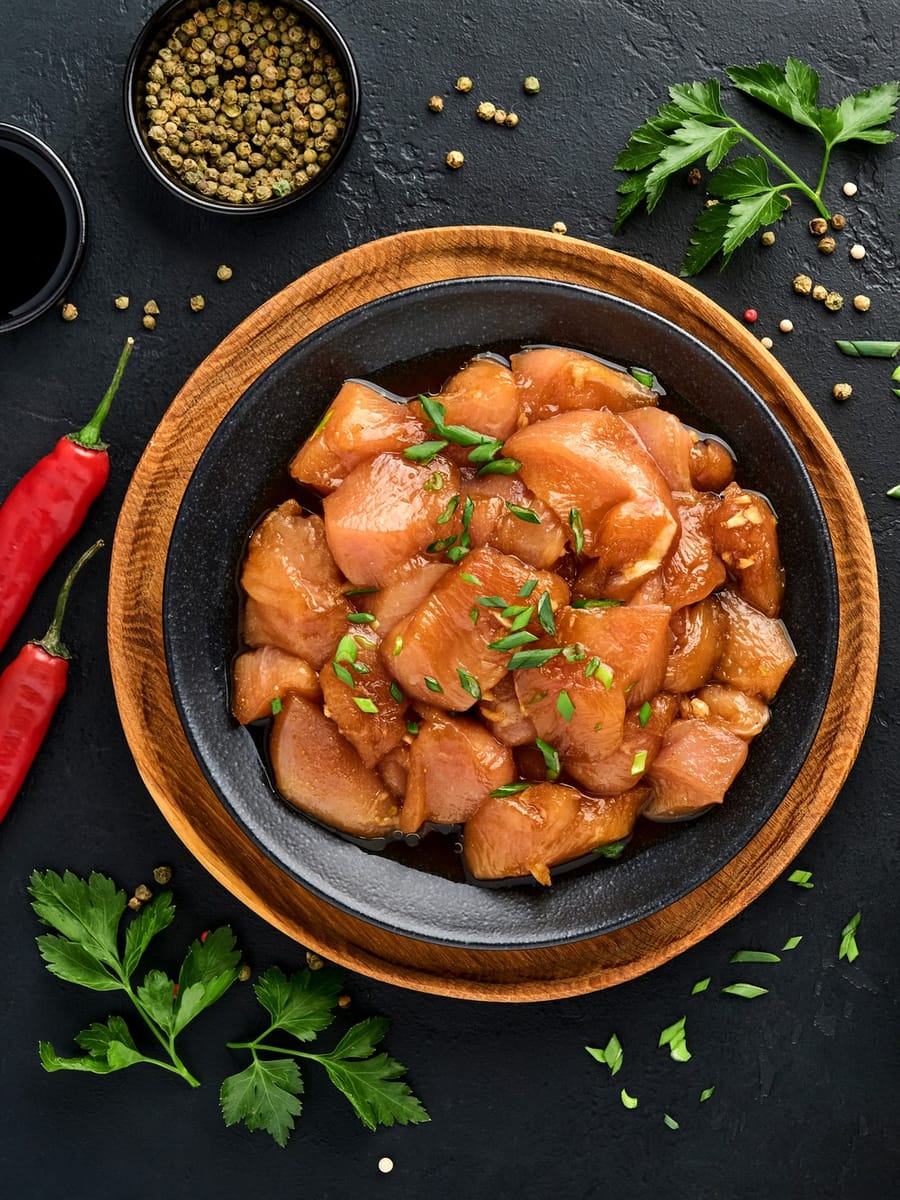 Pollo crudo marinándose con especias en un bol