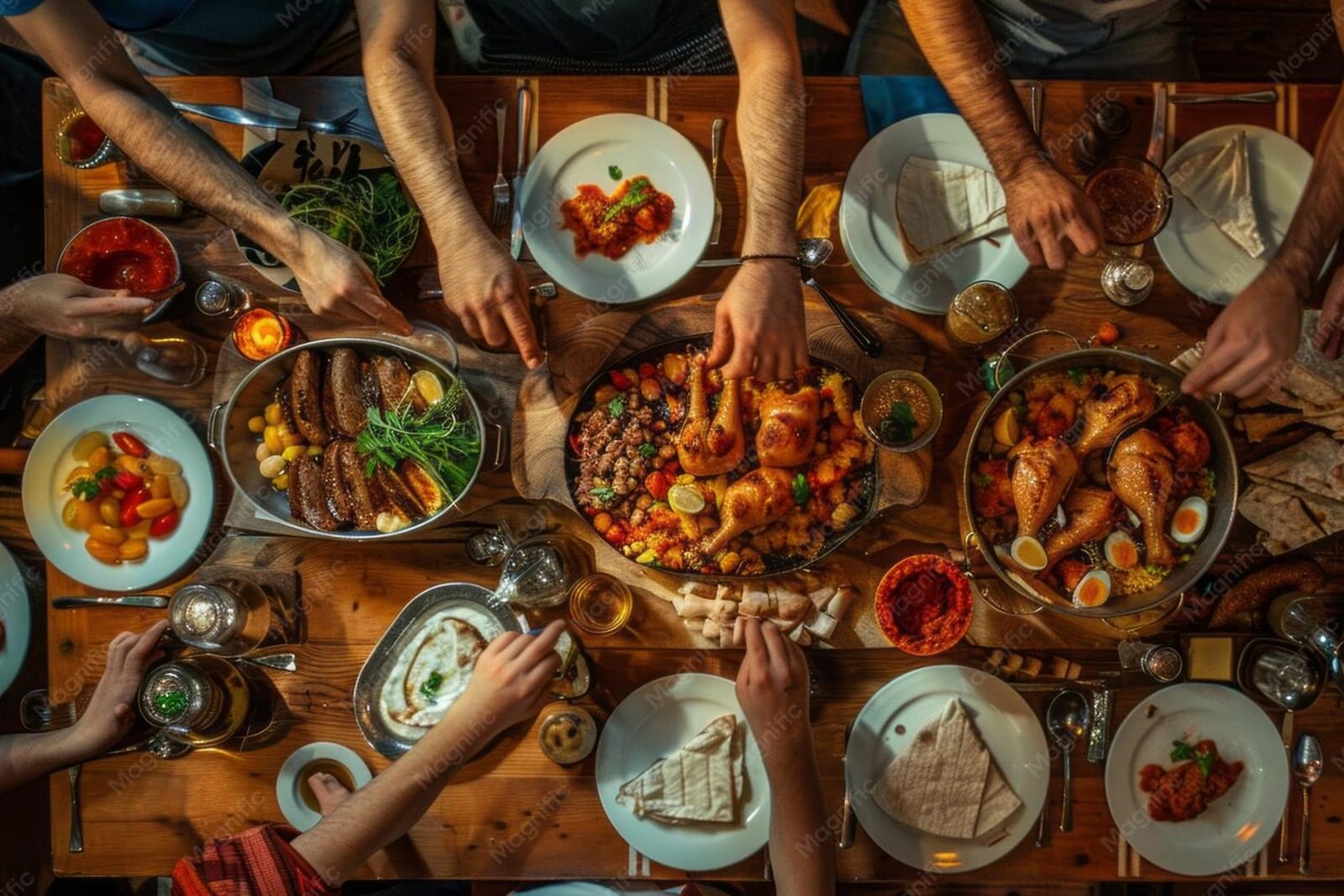Mesa con pollo a la brasa servido para compartir