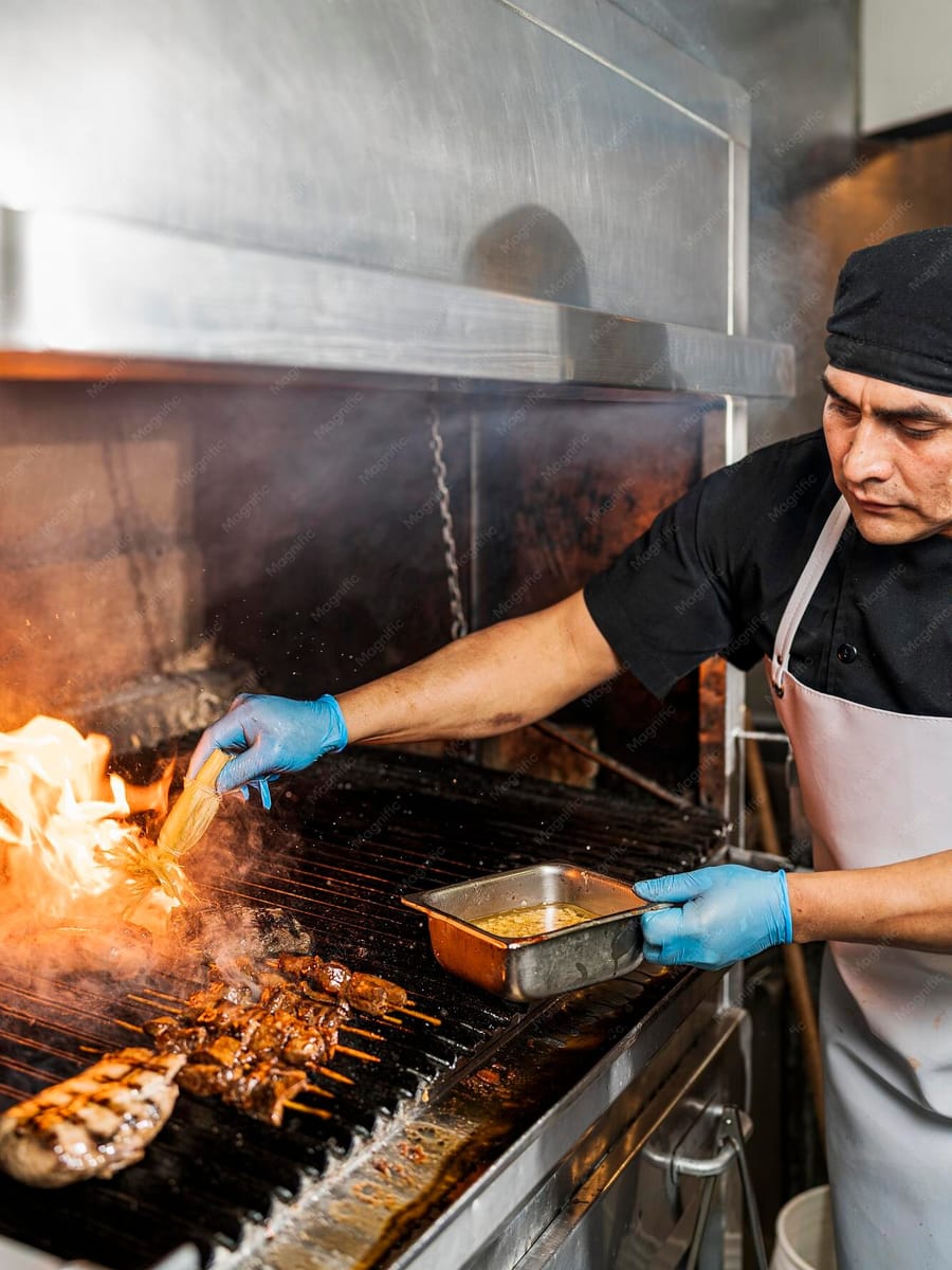 Quien atiende el horno de carbón, dando vuelta a la parrilla